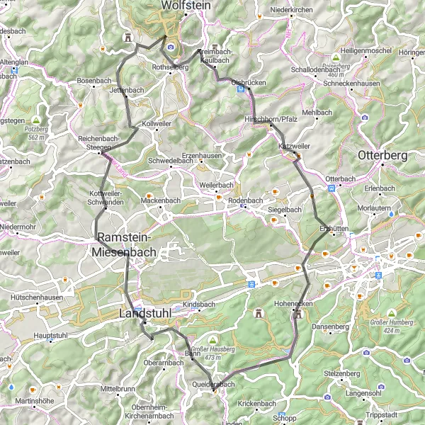 Map miniature of "Kahlenberg and Ramstein-Miesenbach" cycling inspiration in Rheinhessen-Pfalz, Germany. Generated by Tarmacs.app cycling route planner