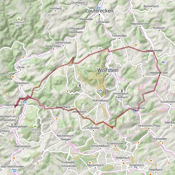 Map miniature of "Gravel Adventure" cycling inspiration in Rheinhessen-Pfalz, Germany. Generated by Tarmacs.app cycling route planner