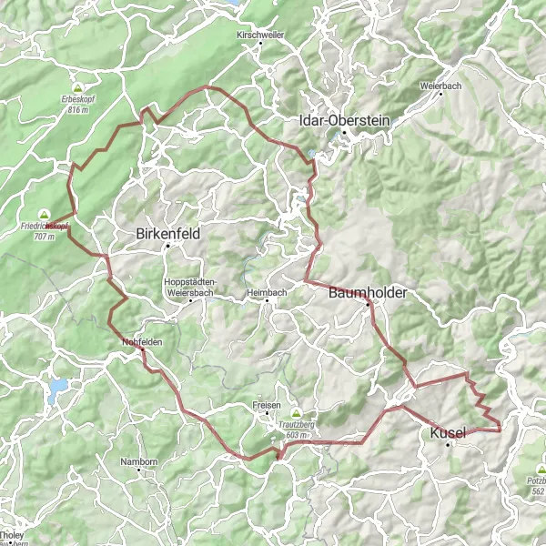 Karten-Miniaturansicht der Radinspiration "Herausfordernde Strecke durch den Soonwald" in Rheinhessen-Pfalz, Germany. Erstellt vom Tarmacs.app-Routenplaner für Radtouren