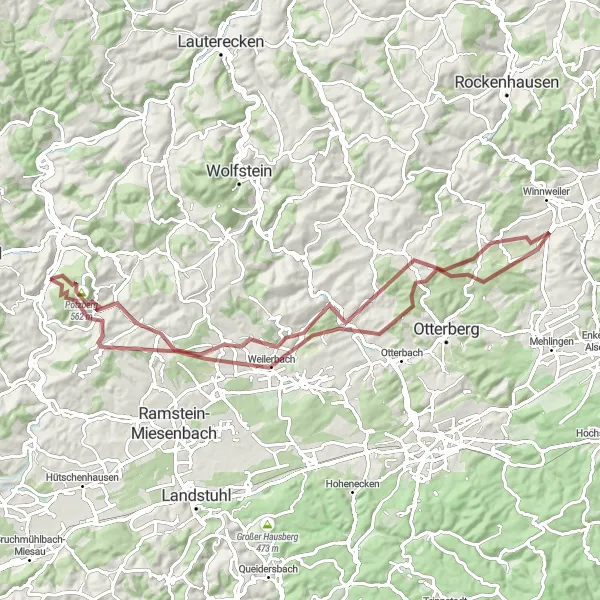 Map miniature of "Rammelsbach Gravel Adventure" cycling inspiration in Rheinhessen-Pfalz, Germany. Generated by Tarmacs.app cycling route planner