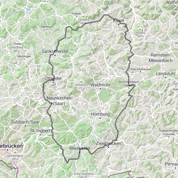 Map miniature of "Road Cycling Paradise" cycling inspiration in Rheinhessen-Pfalz, Germany. Generated by Tarmacs.app cycling route planner