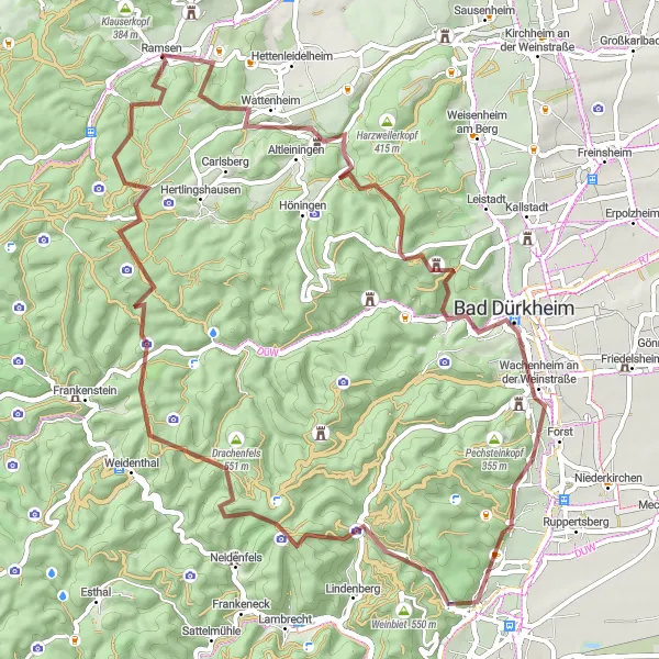 Map miniature of "Wattenheim Loop" cycling inspiration in Rheinhessen-Pfalz, Germany. Generated by Tarmacs.app cycling route planner