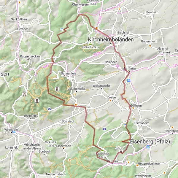 Map miniature of "Donnersberg Gravel Discovery" cycling inspiration in Rheinhessen-Pfalz, Germany. Generated by Tarmacs.app cycling route planner