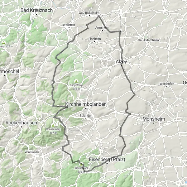 Map miniature of "Donnersberg Challenge" cycling inspiration in Rheinhessen-Pfalz, Germany. Generated by Tarmacs.app cycling route planner