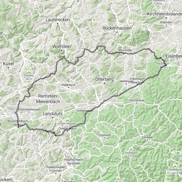 Map miniature of "The Ultimate Rheinhessen-Pfalz Challenge" cycling inspiration in Rheinhessen-Pfalz, Germany. Generated by Tarmacs.app cycling route planner