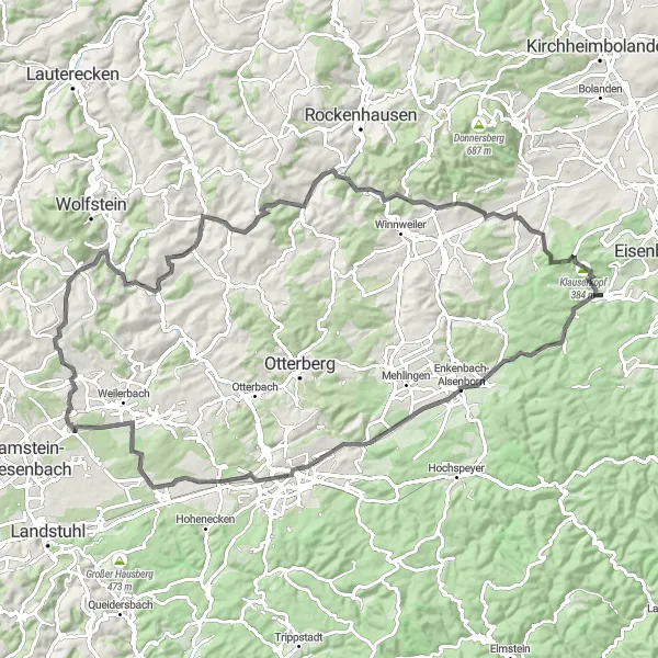 Map miniature of "Hills and Forests of Rheinhessen-Pfalz" cycling inspiration in Rheinhessen-Pfalz, Germany. Generated by Tarmacs.app cycling route planner