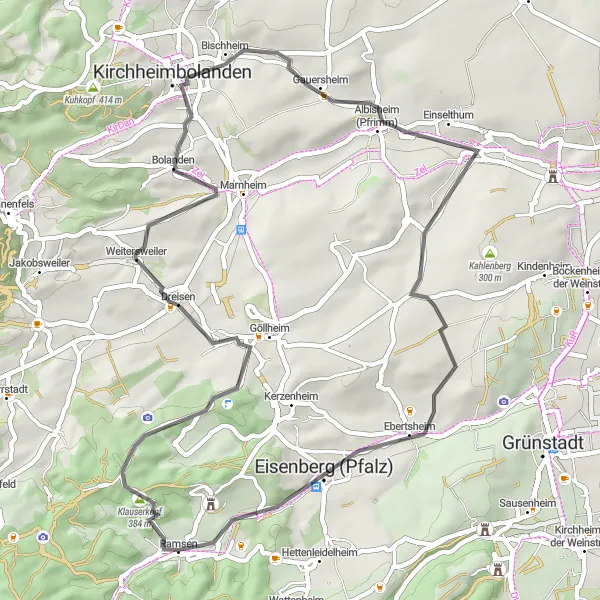 Karten-Miniaturansicht der Radinspiration "Weitersweiler und Ramsen Tour" in Rheinhessen-Pfalz, Germany. Erstellt vom Tarmacs.app-Routenplaner für Radtouren
