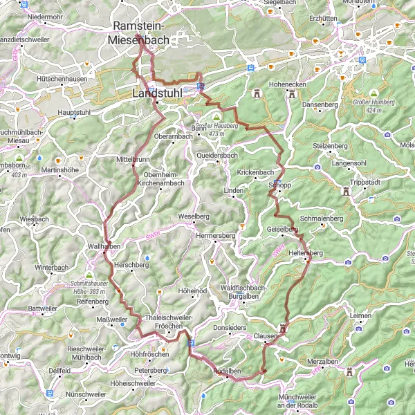 Map miniature of "The Westrich Adventure" cycling inspiration in Rheinhessen-Pfalz, Germany. Generated by Tarmacs.app cycling route planner