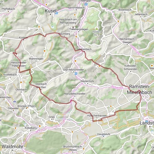 Map miniature of "Exploring Steinwenden" cycling inspiration in Rheinhessen-Pfalz, Germany. Generated by Tarmacs.app cycling route planner