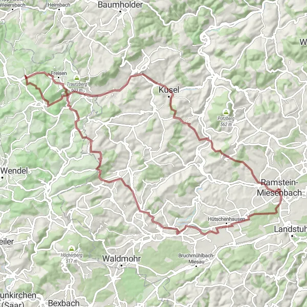 Map miniature of "Challenging Gravel Expedition to Eichelberg and Pfeffelbach" cycling inspiration in Rheinhessen-Pfalz, Germany. Generated by Tarmacs.app cycling route planner