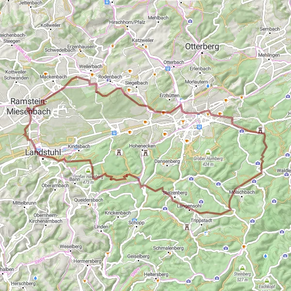Map miniature of "Gravel Adventure through Ramstein and Miesenbach" cycling inspiration in Rheinhessen-Pfalz, Germany. Generated by Tarmacs.app cycling route planner