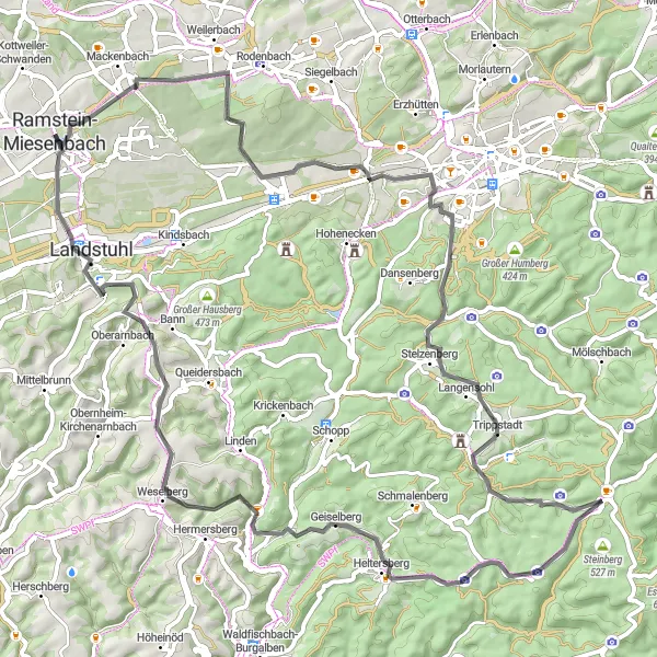 Karten-Miniaturansicht der Radinspiration "Hügeliges Abenteuer rund um Ramstein-Miesenbach" in Rheinhessen-Pfalz, Germany. Erstellt vom Tarmacs.app-Routenplaner für Radtouren