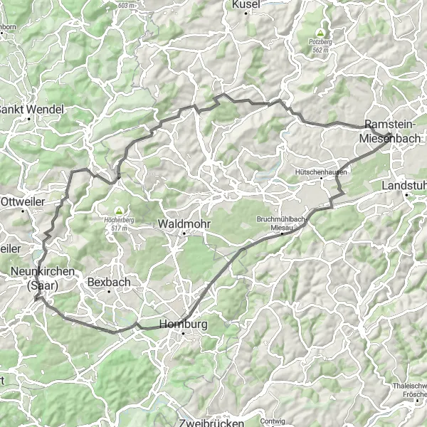 Map miniature of "Discover Hauptstuhl and Lautenbach by Road" cycling inspiration in Rheinhessen-Pfalz, Germany. Generated by Tarmacs.app cycling route planner