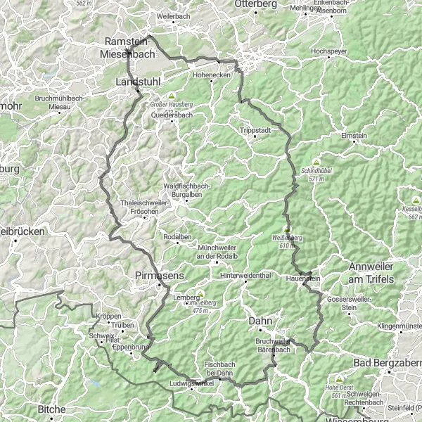 Map miniature of "The Rhineland-Palatinate Adventure" cycling inspiration in Rheinhessen-Pfalz, Germany. Generated by Tarmacs.app cycling route planner