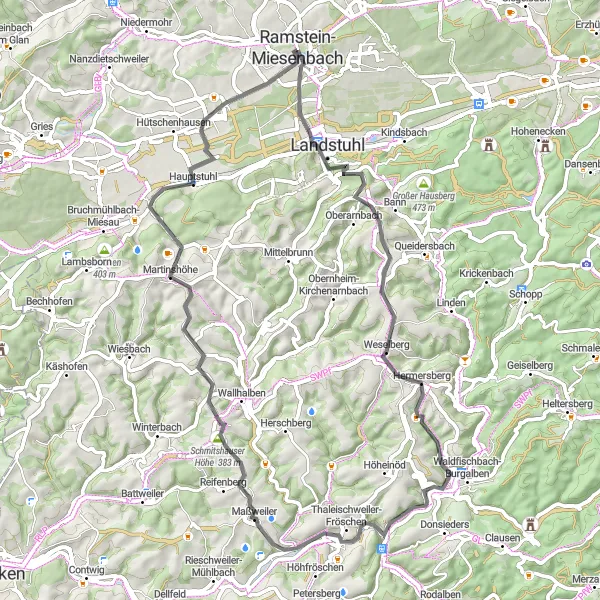 Map miniature of "Road Cycling Tour to Burg Nanstein and Maßweiler" cycling inspiration in Rheinhessen-Pfalz, Germany. Generated by Tarmacs.app cycling route planner