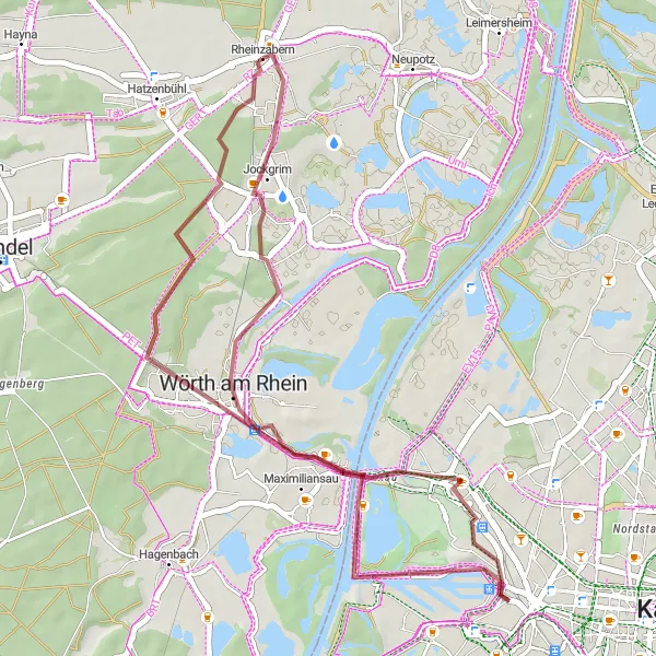 Map miniature of "Rural Gravel Adventure" cycling inspiration in Rheinhessen-Pfalz, Germany. Generated by Tarmacs.app cycling route planner