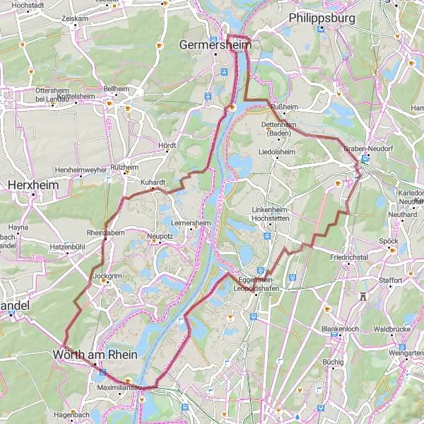 Map miniature of "Gravel Route from Rheinzabern to Rheinbalkon" cycling inspiration in Rheinhessen-Pfalz, Germany. Generated by Tarmacs.app cycling route planner