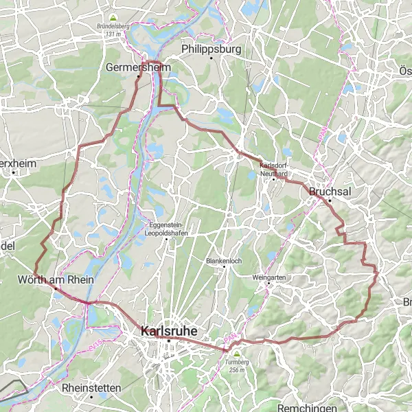 Map miniature of "Gravel Route from Rheinzabern to Karlsruhe" cycling inspiration in Rheinhessen-Pfalz, Germany. Generated by Tarmacs.app cycling route planner