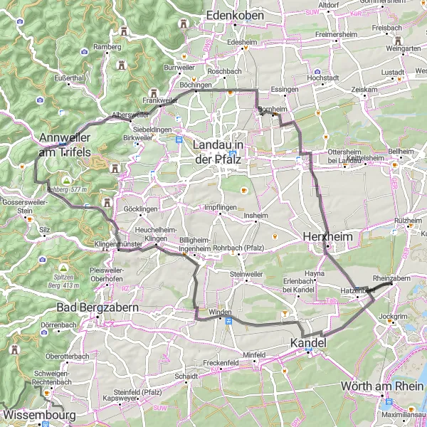 Map miniature of "Mountainous Road Challenge" cycling inspiration in Rheinhessen-Pfalz, Germany. Generated by Tarmacs.app cycling route planner