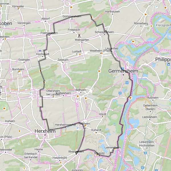 Map miniature of "Countryside Road Adventure" cycling inspiration in Rheinhessen-Pfalz, Germany. Generated by Tarmacs.app cycling route planner