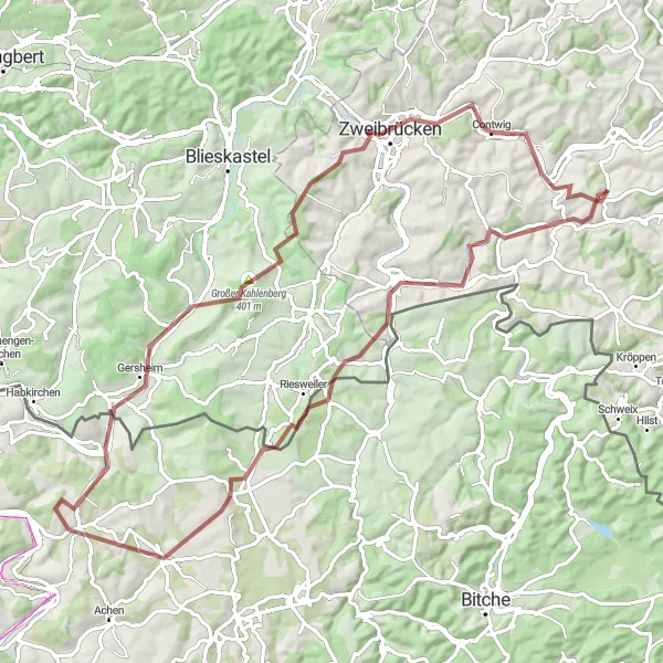 Map miniature of "Rieschweiler-Mühlbach to Sternenberg Gravel Route" cycling inspiration in Rheinhessen-Pfalz, Germany. Generated by Tarmacs.app cycling route planner