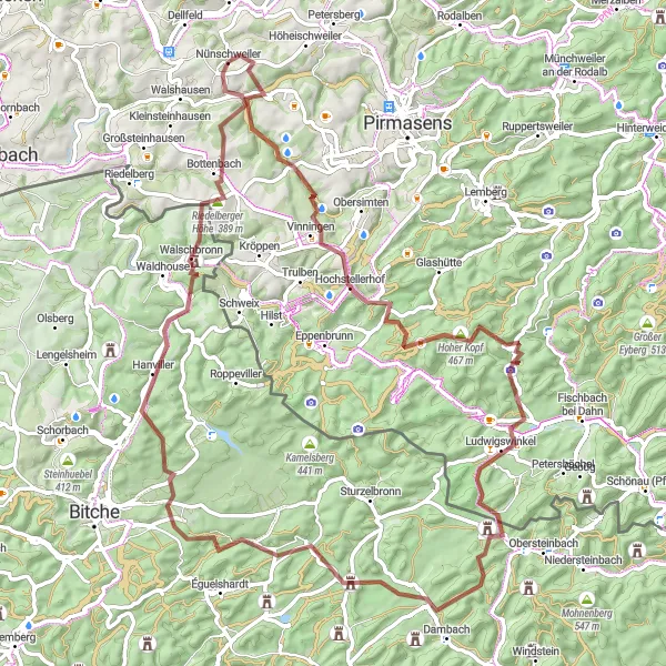 Map miniature of "Scenic Gravel Route through Vinningen and Rothenburg Castle" cycling inspiration in Rheinhessen-Pfalz, Germany. Generated by Tarmacs.app cycling route planner