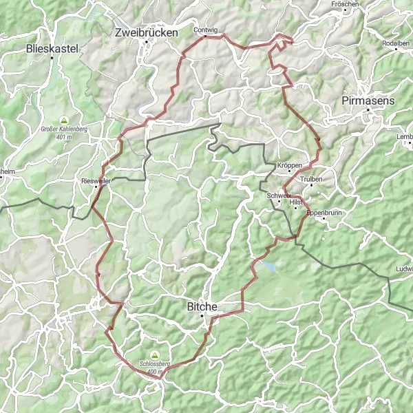 Karten-Miniaturansicht der Radinspiration "Abenteuerliche Graveltour" in Rheinhessen-Pfalz, Germany. Erstellt vom Tarmacs.app-Routenplaner für Radtouren