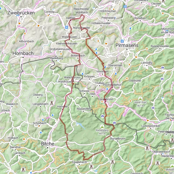 Map miniature of "Gravel Adventure to Nünschweiler" cycling inspiration in Rheinhessen-Pfalz, Germany. Generated by Tarmacs.app cycling route planner