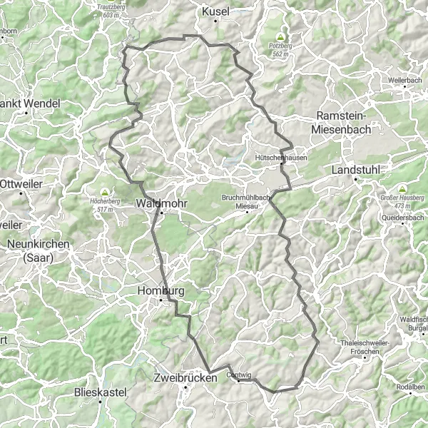 Map miniature of "Rieschweiler-Mühlbach to Martinshöhe Scenic Road Route" cycling inspiration in Rheinhessen-Pfalz, Germany. Generated by Tarmacs.app cycling route planner