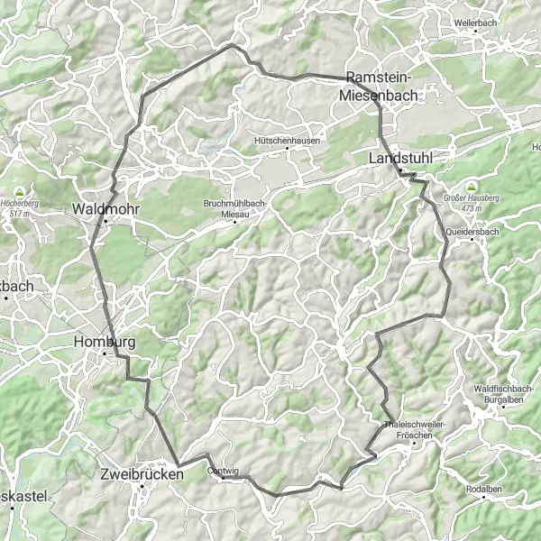 Map miniature of "Challenging Road Route to Landstuhl and Hitscherhof" cycling inspiration in Rheinhessen-Pfalz, Germany. Generated by Tarmacs.app cycling route planner