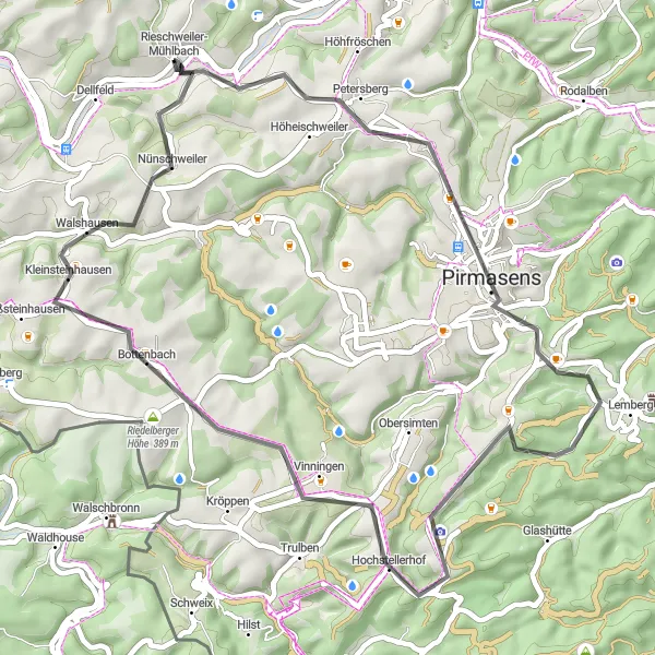 Map miniature of "Scenic Road Cycling Excursion in Rheinhessen-Pfalz" cycling inspiration in Rheinhessen-Pfalz, Germany. Generated by Tarmacs.app cycling route planner