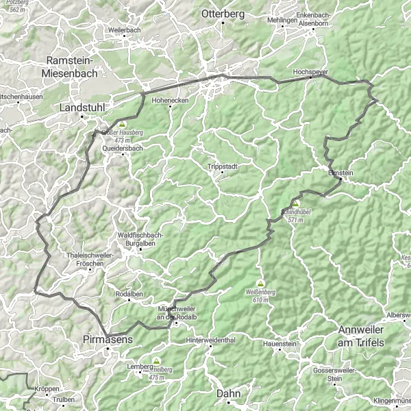Map miniature of "Legendary Climbs and Scenic Views Cycling Tour" cycling inspiration in Rheinhessen-Pfalz, Germany. Generated by Tarmacs.app cycling route planner