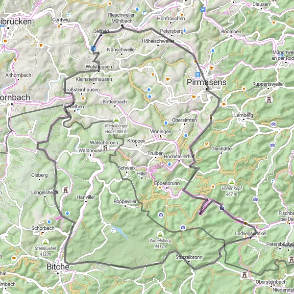 Map miniature of "The Southern Palatinate Hills" cycling inspiration in Rheinhessen-Pfalz, Germany. Generated by Tarmacs.app cycling route planner