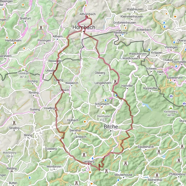 Map miniature of "The Hornbach Gravel Route" cycling inspiration in Rheinhessen-Pfalz, Germany. Generated by Tarmacs.app cycling route planner