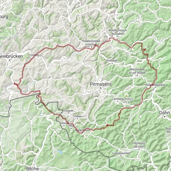 Map miniature of "Gravel Adventure: Contwig to Dietrichingen" cycling inspiration in Rheinhessen-Pfalz, Germany. Generated by Tarmacs.app cycling route planner