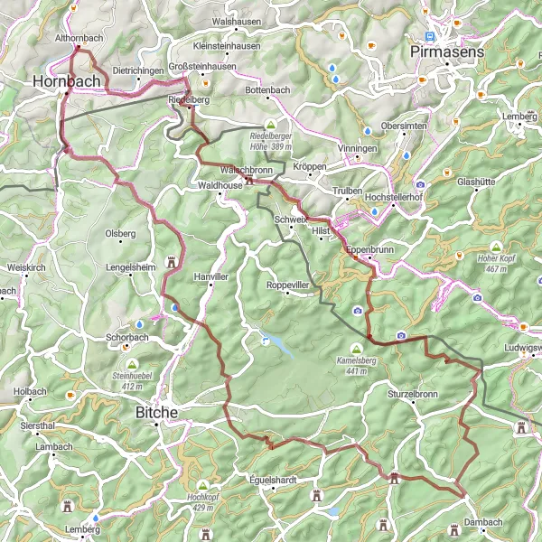 Karten-Miniaturansicht der Radinspiration "Bergige Landschaften und Burgen" in Rheinhessen-Pfalz, Germany. Erstellt vom Tarmacs.app-Routenplaner für Radtouren