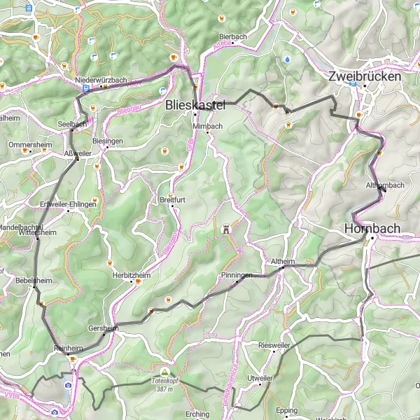Karten-Miniaturansicht der Radinspiration "Hügelige Hügelroute" in Rheinhessen-Pfalz, Germany. Erstellt vom Tarmacs.app-Routenplaner für Radtouren