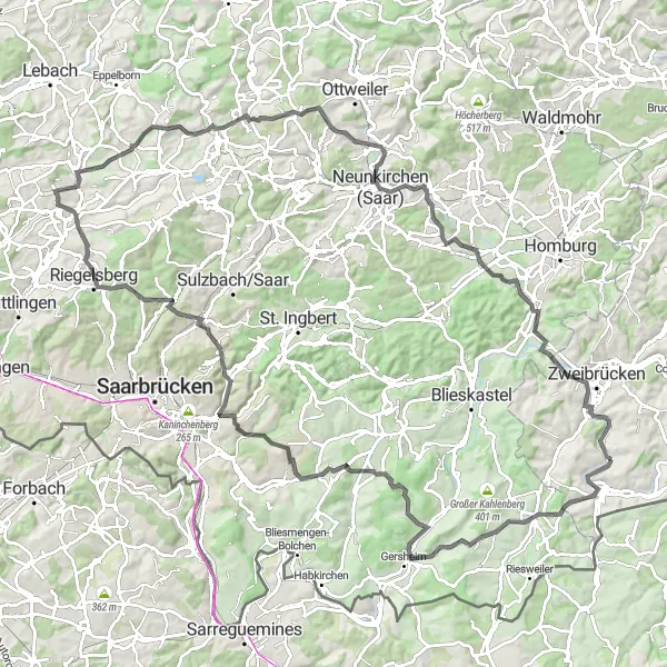 Map miniature of "Explore the Saarland: Hornbach to Zweibrücken" cycling inspiration in Rheinhessen-Pfalz, Germany. Generated by Tarmacs.app cycling route planner