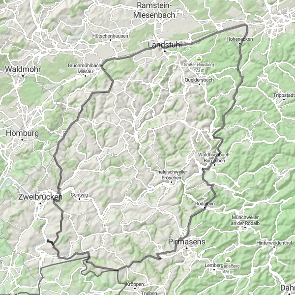 Map miniature of "Rimschweiler Adventure" cycling inspiration in Rheinhessen-Pfalz, Germany. Generated by Tarmacs.app cycling route planner