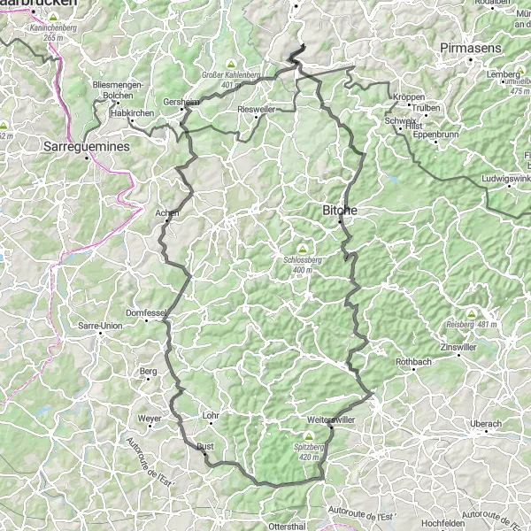 Map miniature of "The Hills of Hornbach and Beyond" cycling inspiration in Rheinhessen-Pfalz, Germany. Generated by Tarmacs.app cycling route planner