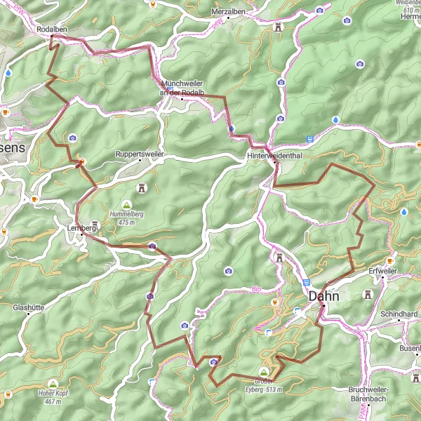 Map miniature of "Off the Beaten Path Gravel Ride" cycling inspiration in Rheinhessen-Pfalz, Germany. Generated by Tarmacs.app cycling route planner