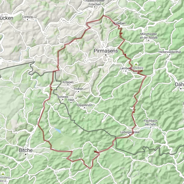 Map miniature of "Discovering Hidden Gravel Trails" cycling inspiration in Rheinhessen-Pfalz, Germany. Generated by Tarmacs.app cycling route planner