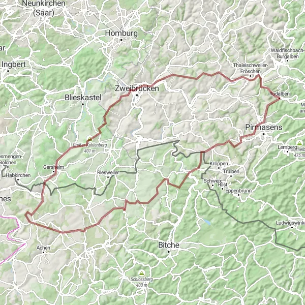 Karten-Miniaturansicht der Radinspiration "Gravel-Tour von Rodalben nach Thaleischweiler-Fröschen" in Rheinhessen-Pfalz, Germany. Erstellt vom Tarmacs.app-Routenplaner für Radtouren