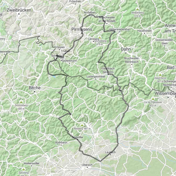 Map miniature of "The Hills and Forests" cycling inspiration in Rheinhessen-Pfalz, Germany. Generated by Tarmacs.app cycling route planner