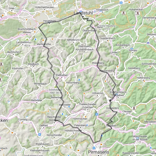 Map miniature of "Tranquil Villages and Hilltops" cycling inspiration in Rheinhessen-Pfalz, Germany. Generated by Tarmacs.app cycling route planner