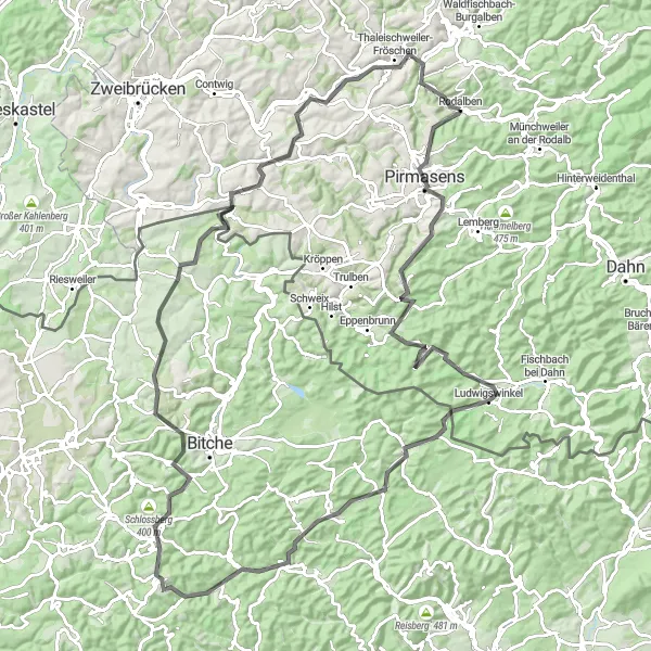 Map miniature of "Rodalben Round Trip" cycling inspiration in Rheinhessen-Pfalz, Germany. Generated by Tarmacs.app cycling route planner