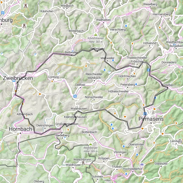 Map miniature of "Rodalben Loop" cycling inspiration in Rheinhessen-Pfalz, Germany. Generated by Tarmacs.app cycling route planner