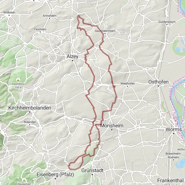Map miniature of "Palatinate Gravel Escape" cycling inspiration in Rheinhessen-Pfalz, Germany. Generated by Tarmacs.app cycling route planner