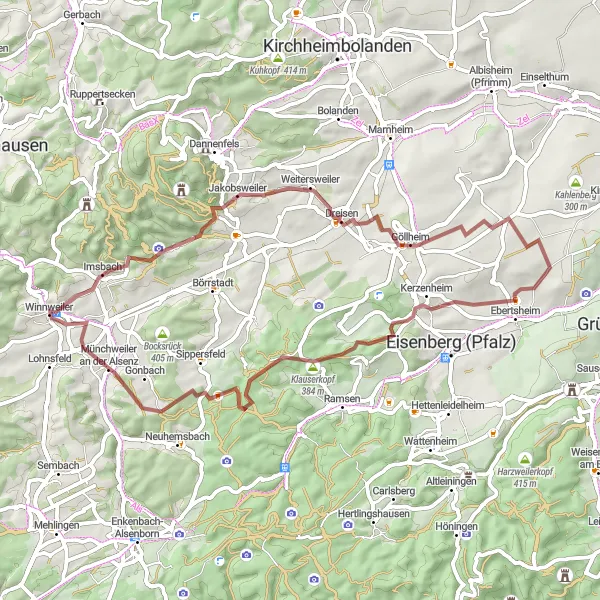 Karten-Miniaturansicht der Radinspiration "Herausforderndes Gravel-Cycling - Kerzenheim bis Quirnheim" in Rheinhessen-Pfalz, Germany. Erstellt vom Tarmacs.app-Routenplaner für Radtouren