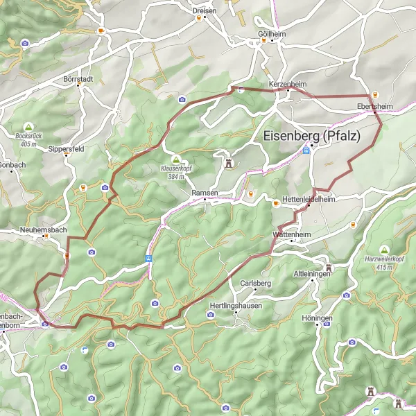 Karten-Miniaturansicht der Radinspiration "Gravel-Abenteuer - Ebertsheim bis Kerzenheim" in Rheinhessen-Pfalz, Germany. Erstellt vom Tarmacs.app-Routenplaner für Radtouren